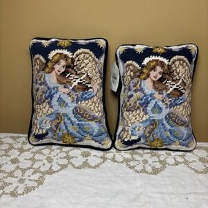 Angel Needlepoint Pillow Metallic Threads Blue Velvet‎ Backing Vintage Set Of 2